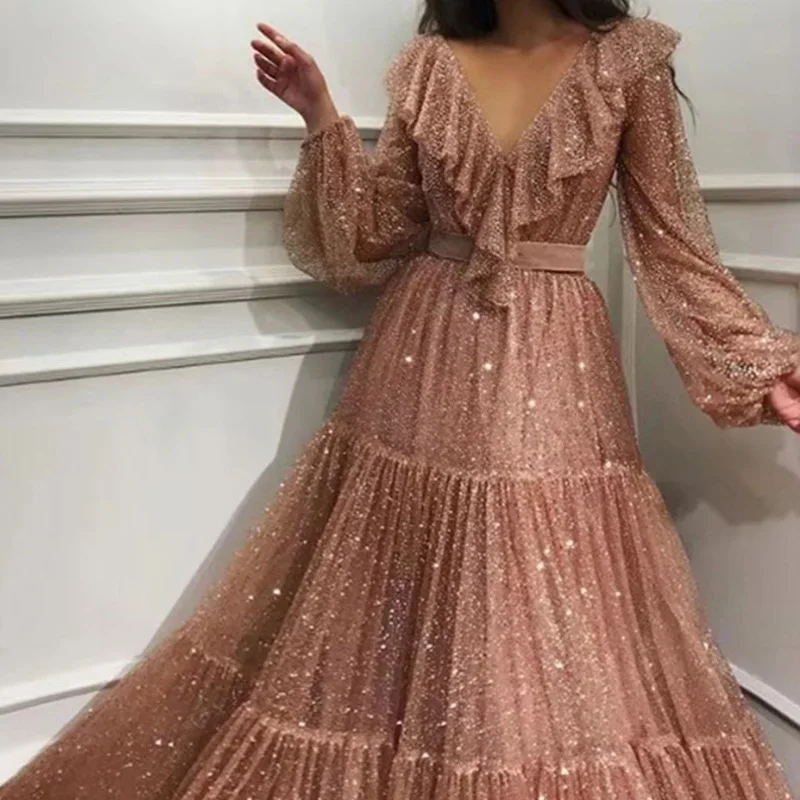 Fashion Mesh Gilded Long Sleeve Swing Evening Dresses New Spring Ruffle Patchwork Pleated Gown Dress Women Pink Princess Dress