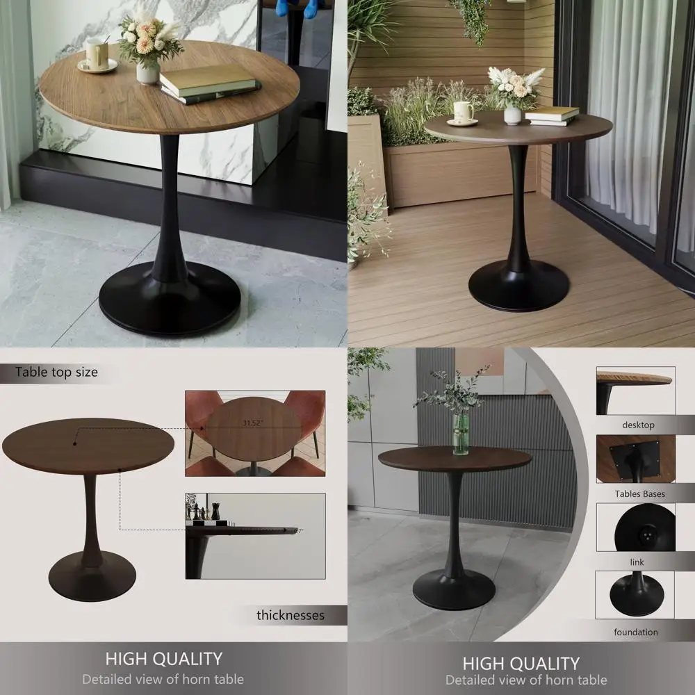 

31.5 Century-Style Walnut Round Dining Table with Metal Base for 2-4 People, Ideal for Living Room, Kitchen, and Home Office