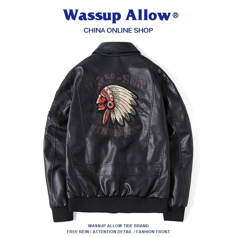 WASSUP ALLOW Jaqueta de couro americana masculina de couro PU casal bordado jaqueta com gola alta