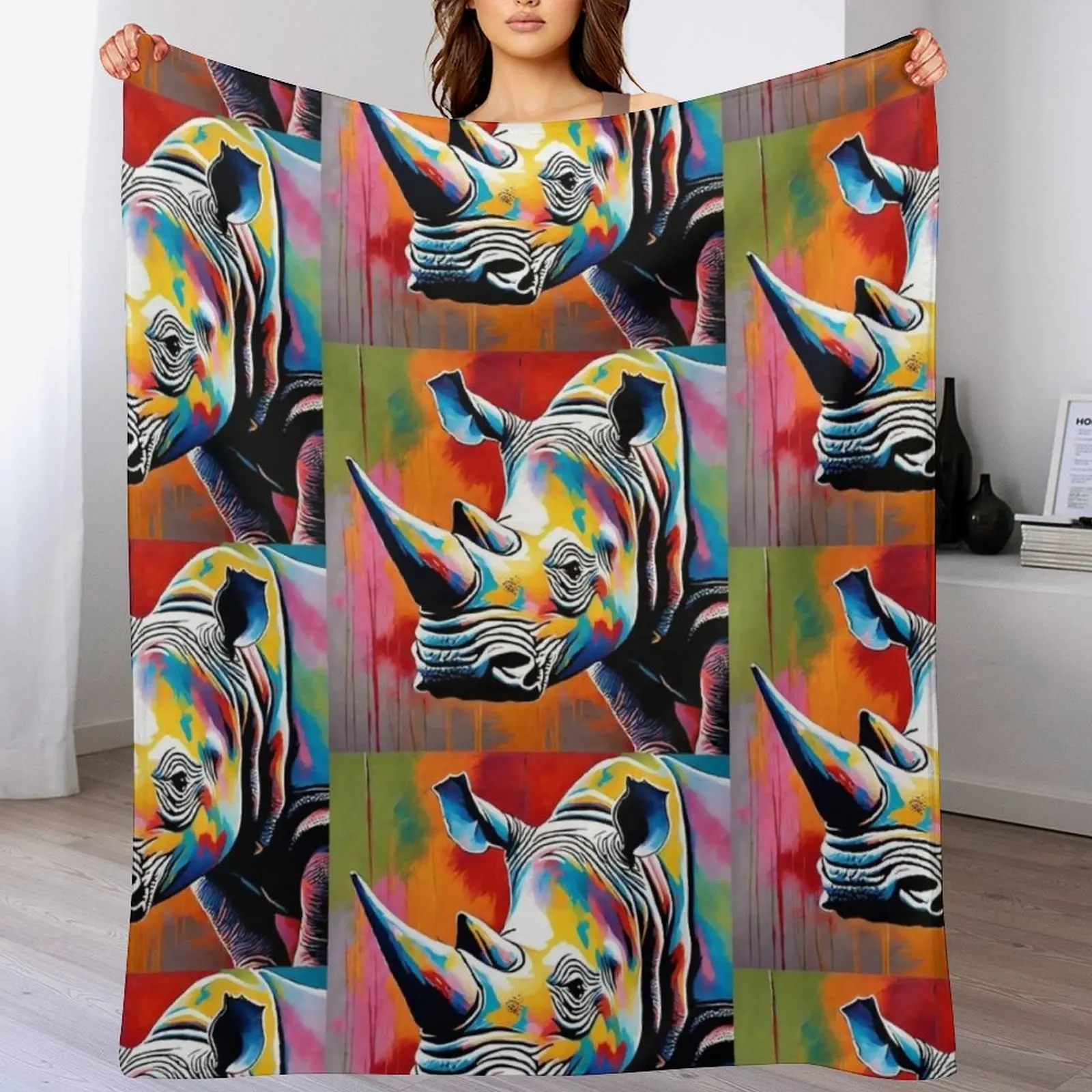 Safari Animal Collection Colorful Rhino Painting Throw Blanket Soft Cozy Blanket for Pet Kids Adults