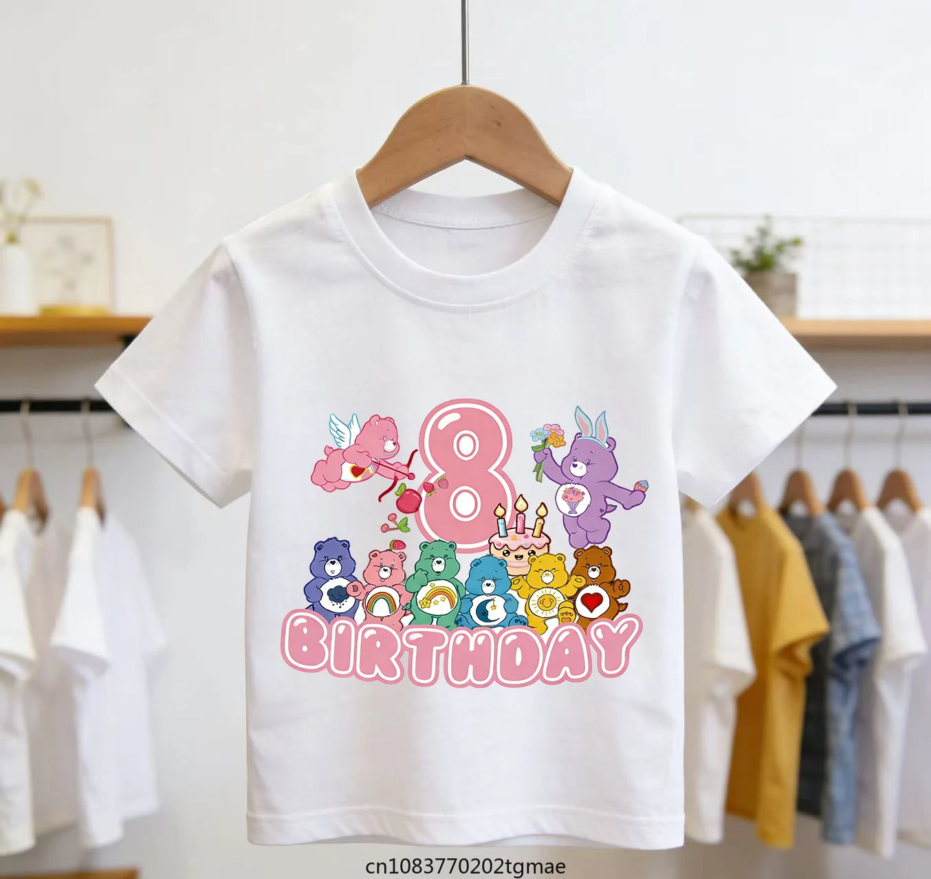 Koszulka z numerem urodzinowym Care Bear dla dziewczynki, z krótkim rękawem, letnia, urocza koszulka z nadrukiem, biała koszulka dla dzieci, ubrania dla maluchów z kreskówkami.