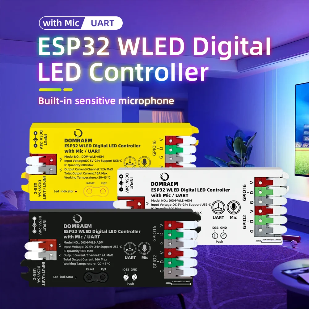 

DOMRAEM ESP32 USB-C WLED Addressabl LED Strip Controller with Music Mic & UART (~0.5W standby).RGB IC Works with MQTT, HA, Alexa