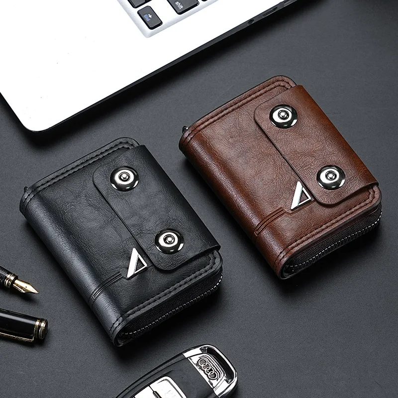 Pu Leather Wallet Compact Men'S Card Holder Double Buckle Wallet Secure Zipper Wallet For Business Casual Use Men'S Accessory
