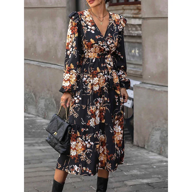 Tinaa-Robe Mi-Longue Plissée à Manches Bouffantes et Col en V pour Femme, Tenue Fendue à la Taille, Imprimé Floral, Mode Automne 2024