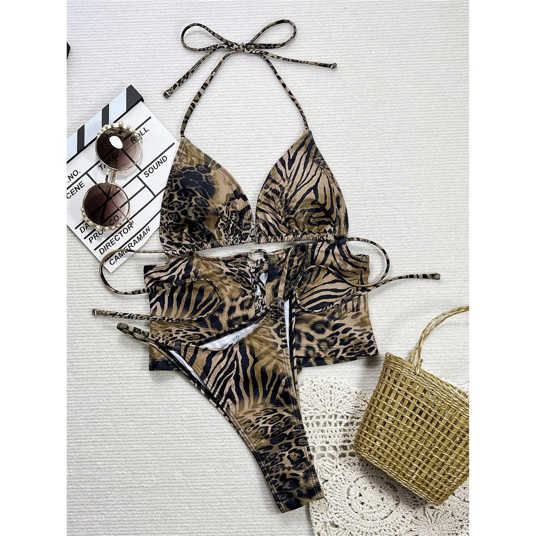 Leopard-Halter-Bikini mit Schnürung und hohem Beinausschnitt, zweiteiliger Bikini-Set, Damen-Badeanzug, Badebekleidung, Badeanzug, Schwimmbekleidung V6471 – Detail 8