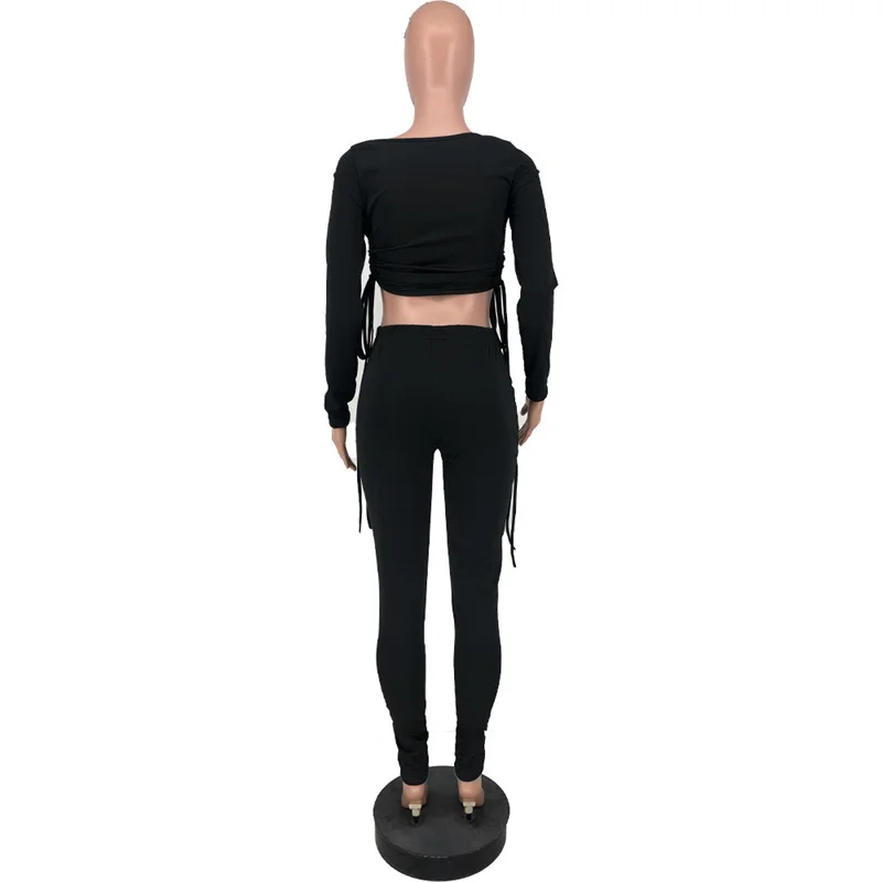 Sexy Two Piece Set Women Festival Clothing Drawstring Ruched Long Sleeve Crop Top and Pants Leggings Party Club Birthday Outfits