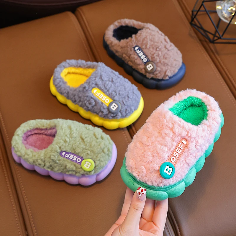 Aged 2-11 Winter Warm Simple Fashion Indoor Mule Soft Non-slip Fluffy Slippers For Kids Boys Girls Children Home Cotton Shoes