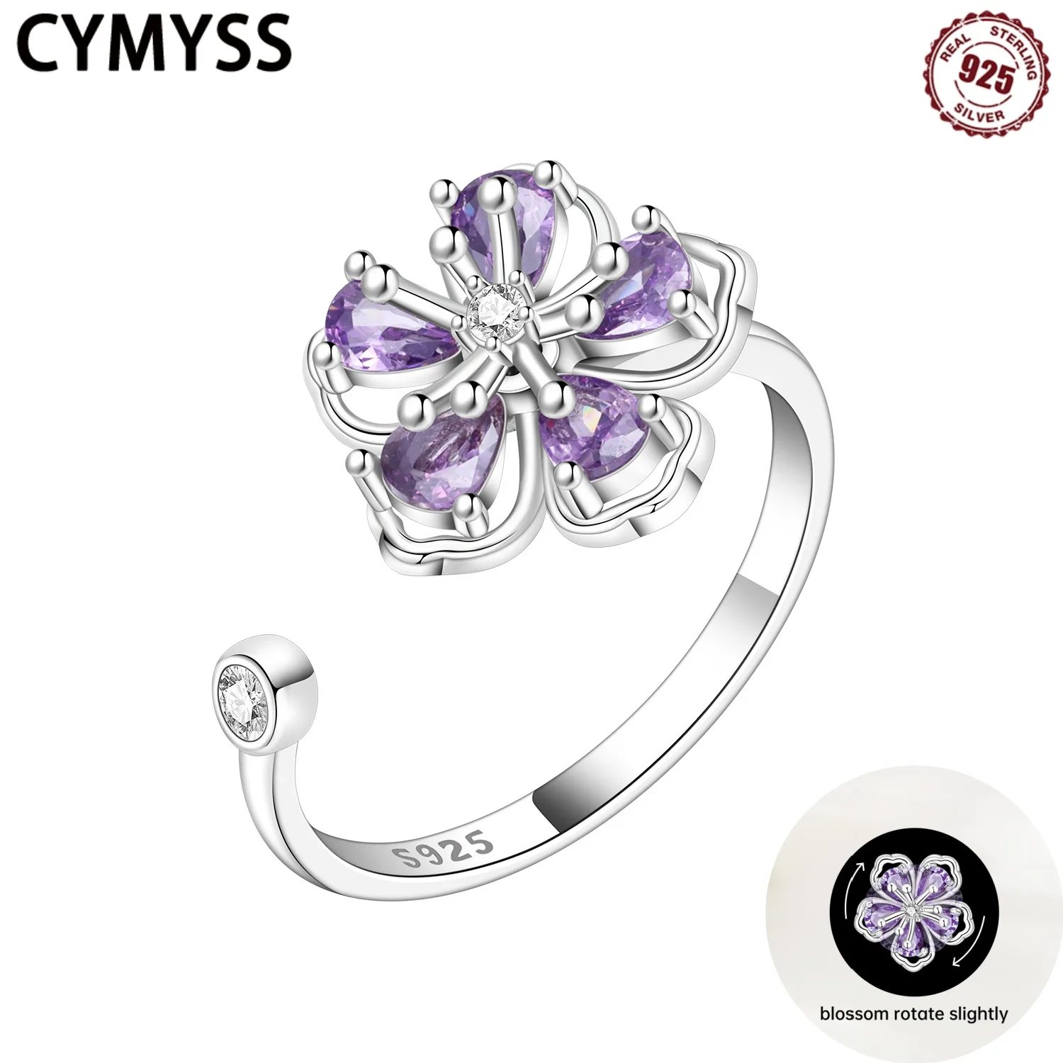 

CYMYSS 2025 New S925 Sterling Silver Zircon Turnable Purple Flower Open Ring Fine Jewelry Gift Women's Ring