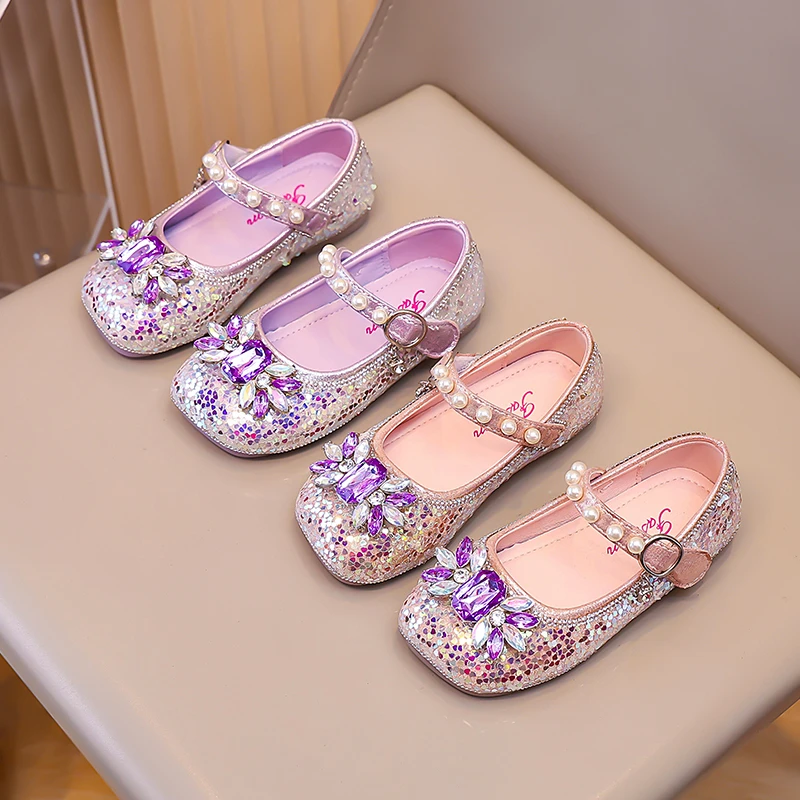 

Girls Leather Shoes for Party Wedding Children Sequins Princess Shoes Fashion Kids Flats Pearls Dress Shoes Soft Sole Size 25-33