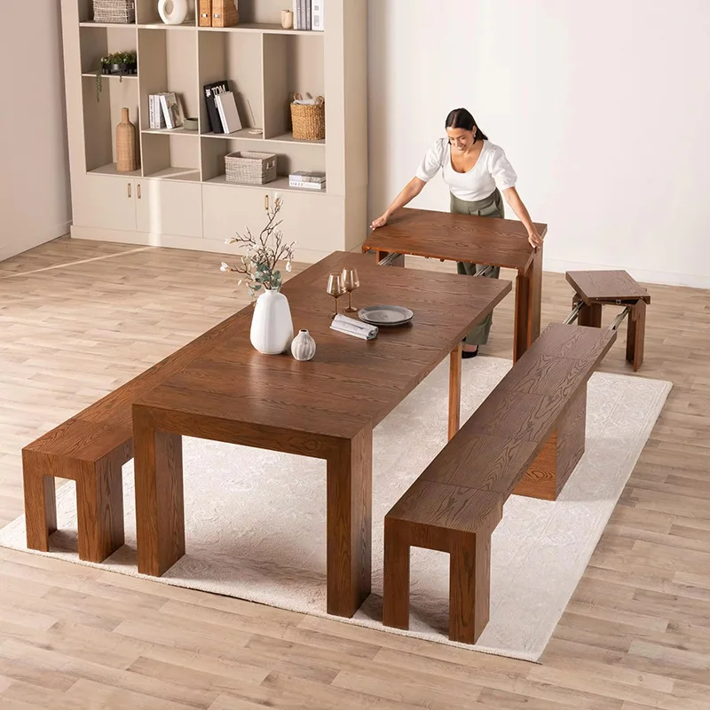 Medieval style pure solid wood deformation lengthened large long table retractable folding dining table extremely narrow wall wo