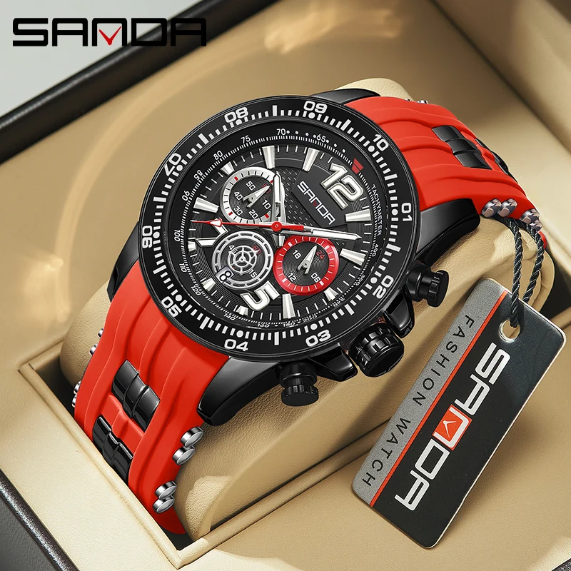 SANDA Red Watch for Men Fashion Luxury Chronograph Analog Quartz Wristwatch with Silicone Band Luminous Hands Date Waterproof