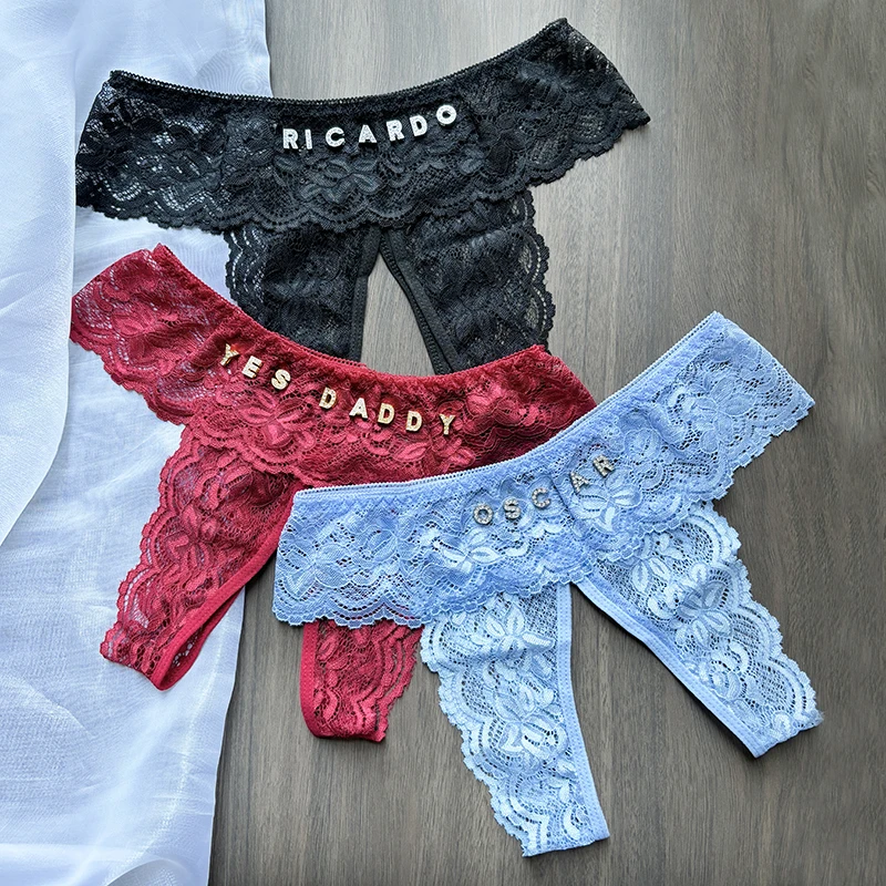 Custom Thong Crystal Name Letter Women Sexy Lace Erotic Open gear Panties Personalized Name G-String tanga XXL 4XL Large size