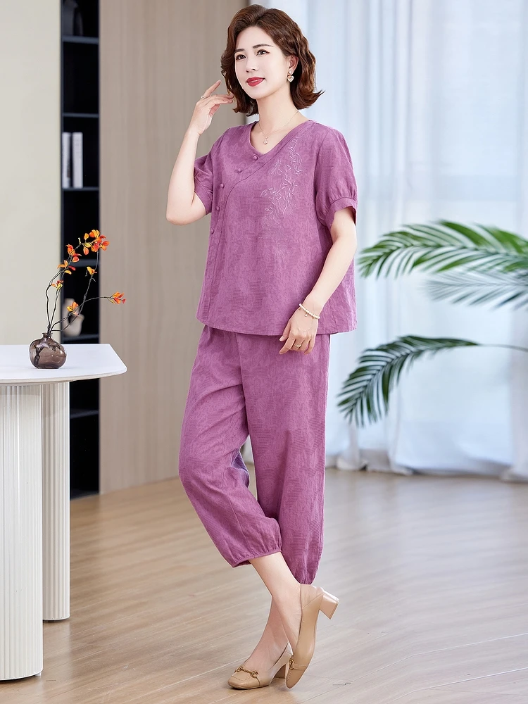 Dames coton lin ensemble décontracté ample grande taille dissimulant rétro Floral loisirs deux pièces ensemble vêtements d'été confortable V Ne