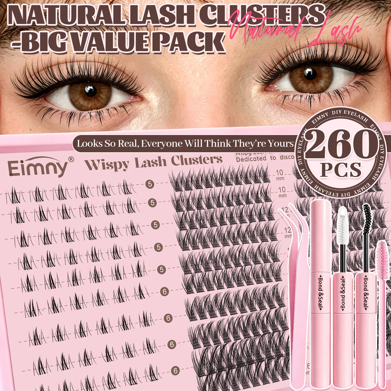 Natürliches Wimpernverlängerungs-Set, Wimpernbüschel-Set mit Unterwimpern, 4-in-1 Einzelwimpern mit kompletten Anwendungswerkzeugen