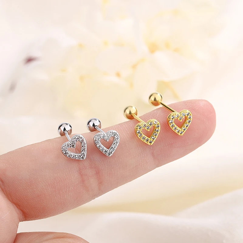 Exquisite Hollow Sparkling Heart Stud Earring Ear Cartilage Piercing For Women Girl Minimalist Jewelry Party Birthday Gift