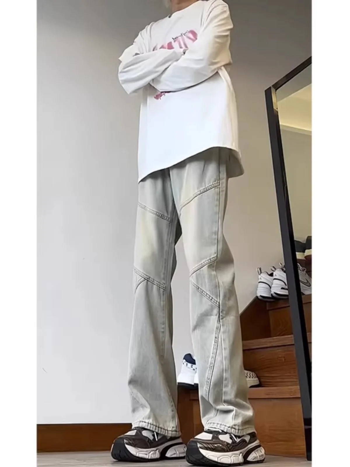 

Мужские джинсы American High Street: желтые, с эффектом потертости, в стиле пэчворк, осенние, ретро, рабочие, прямые, зауженные, расклешенные, повседневные