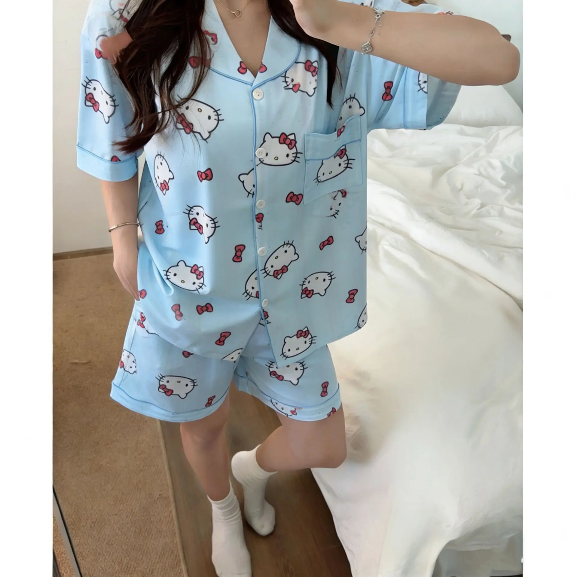 

Popular Cute Anime Spring and Summer Ice Silk Cool Women's Pajamas Loose Home Clothes Student Dormitory Night Clothes