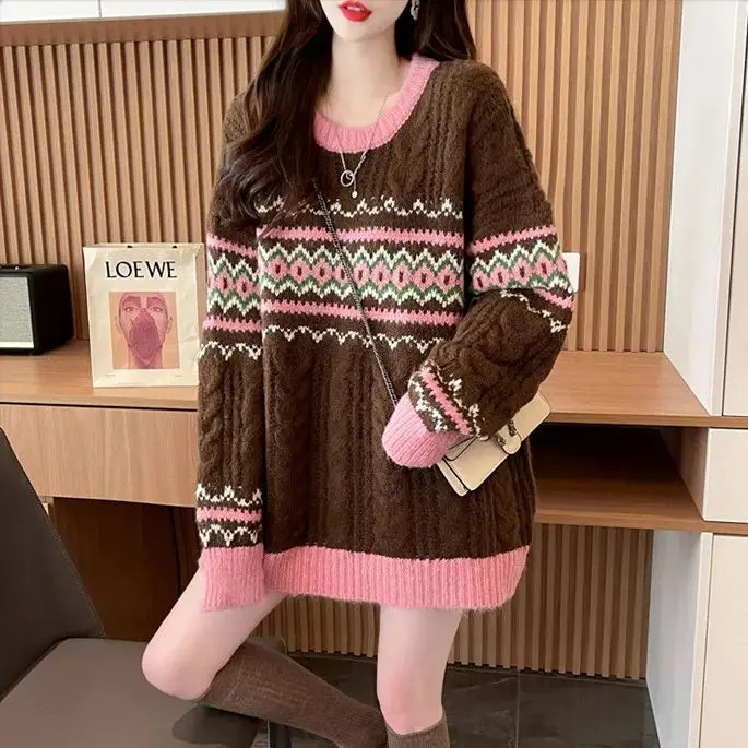 

Hsa Loose Retro patchwork Knitted sweater for women's autumn and winter wear Pink Long Sweaters Argyle Oversized Chic sweater