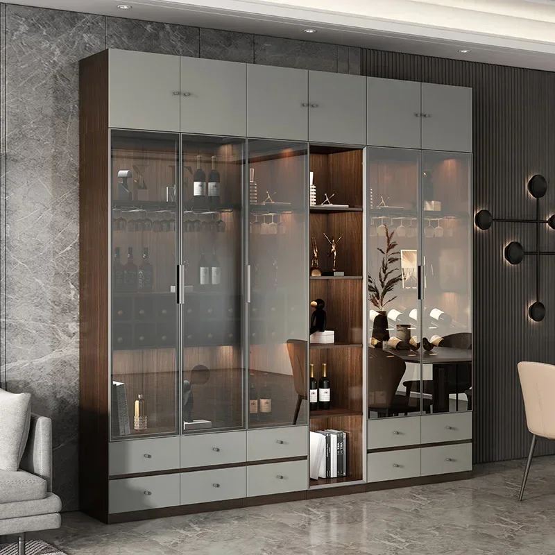 Light luxury, minimalist, high-end display, corner book, living room wall, tempered glass door, wine cabinet