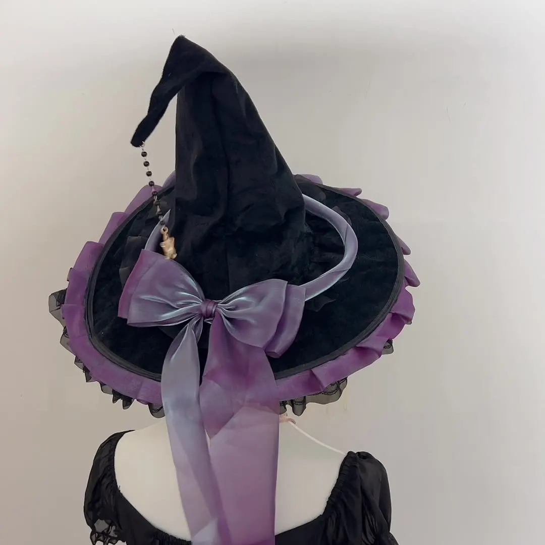 Handmade Lolita Witch Hat Large Ruffle Bow Ribbon Wizard Halloween Cosplay Gothic Sweet Witch Headdress Party Costume Accessory
