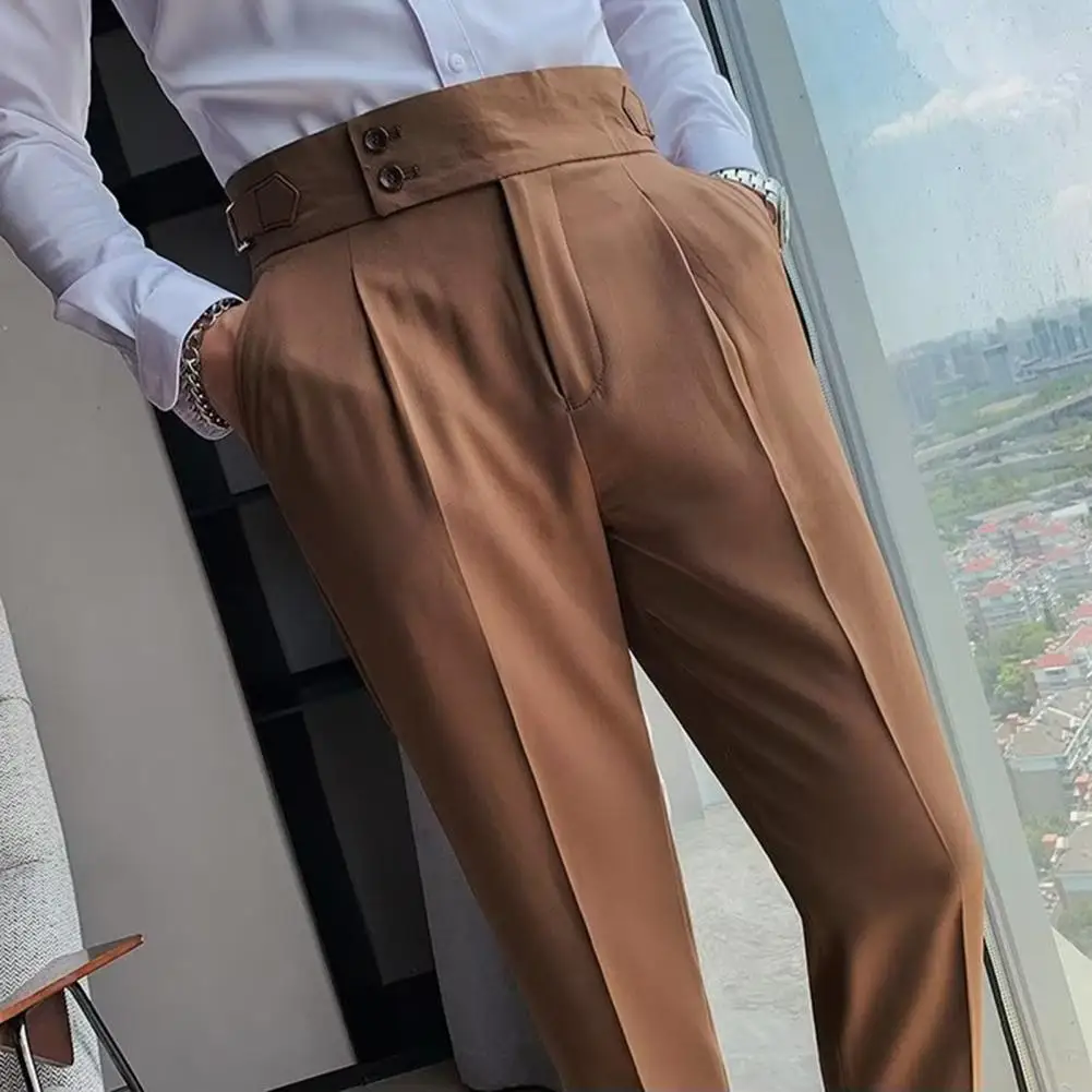 Men Solid Color Pants Classic Men\'s Office Trousers Slim Fit High Waist Vintage Pockets for Formal Business Style Men Pants