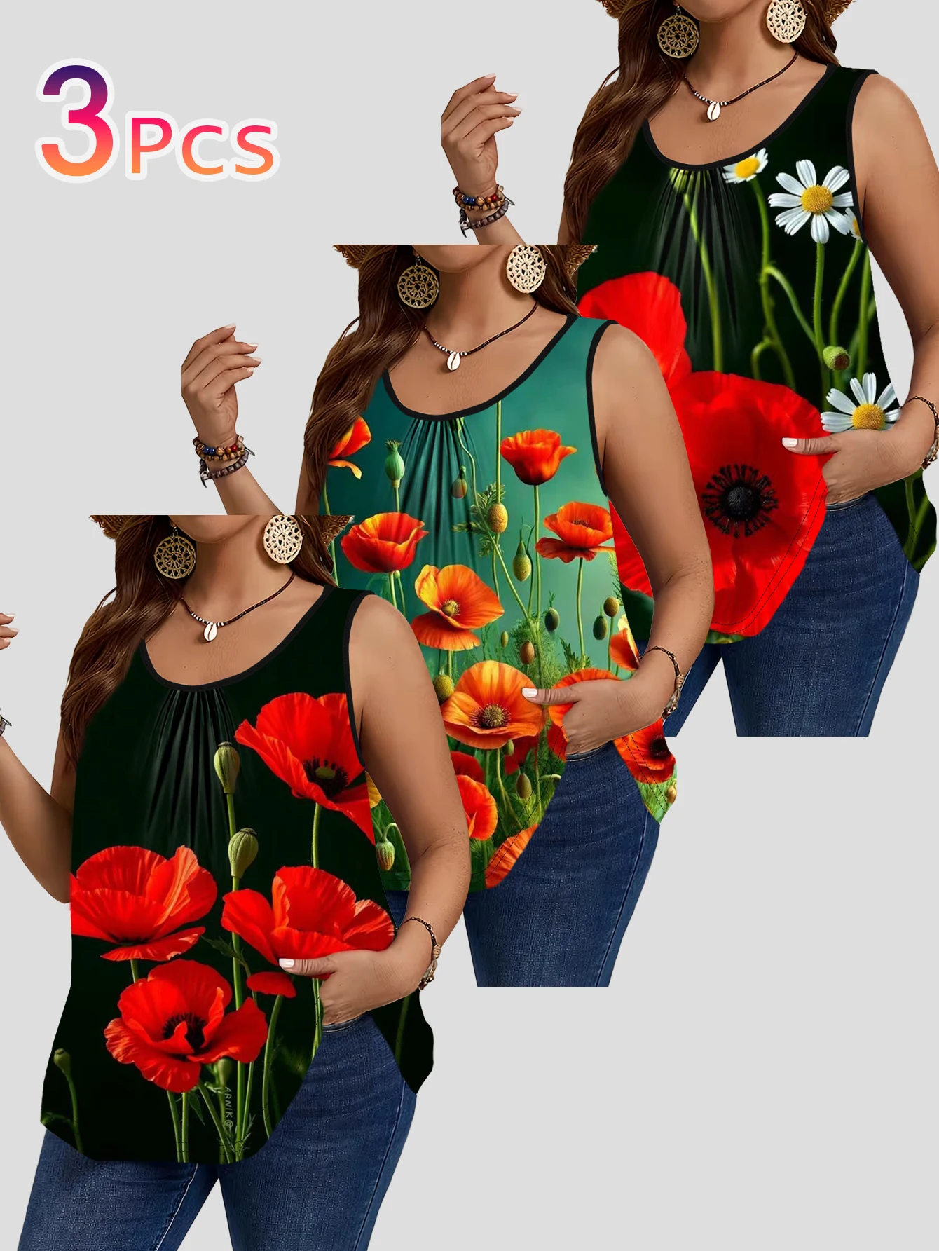 3-Piece Set of Plus-Size Sleeveless Vests｜Vintage Red Poppy Floral Oil Painting Print Loose-Fitting Round-Neck Casual Outerwear Top