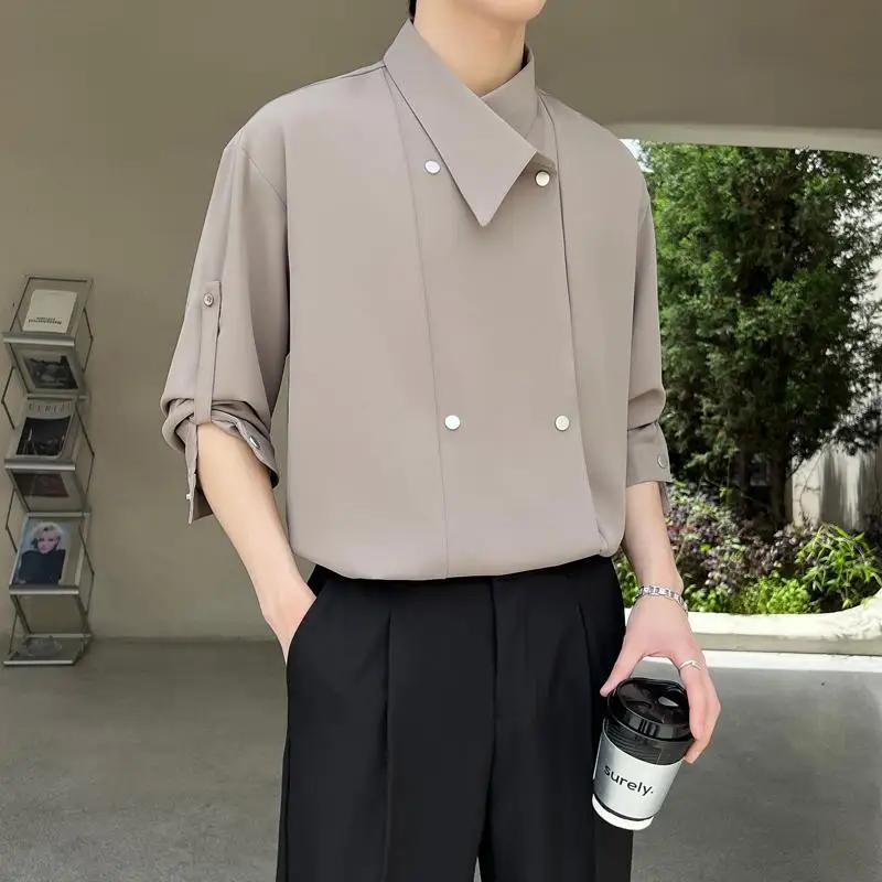 

Корейский элитный мужской комплект с двойным рядом пуговиц, асимметричным воротником и эффектом охлаждения, свободного кроя, длинный, в стиле Haome Match