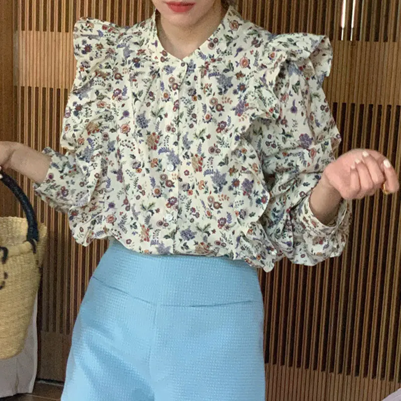 Camisa de manga abombada con volantes y costuras estampadas para mujer, Tops holgados con cuello levantado coreano Chic para mujer, blusa dulce Vintage de primavera