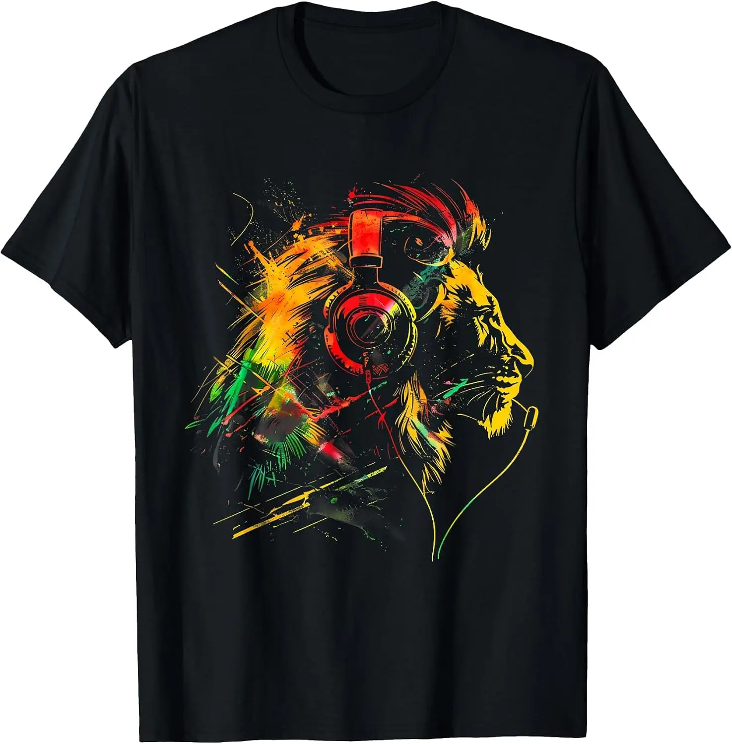 Rasta Reggae Music Headphones Jamaican Lion Of Judah T-Shirt Men Casual Graphic Print T‑Shirt Crew Neck Short Sleeve Vintage Street Style Soft Fabric Daily Wear Tops. Holiday Festive, Party Wear, Theme Print Tee.