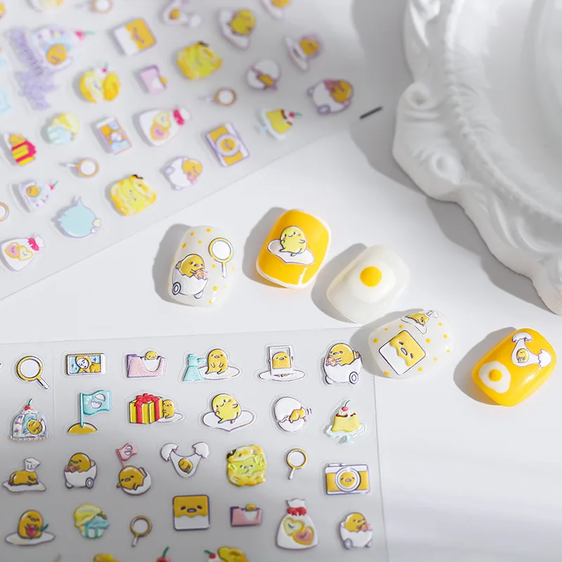 Sanrio Kawaii Gudetama Three-dimensional Nail Sticker Anime Cute Lazy Egg Scrub Thin Penetration Nail Art Sticker Holiday Gift