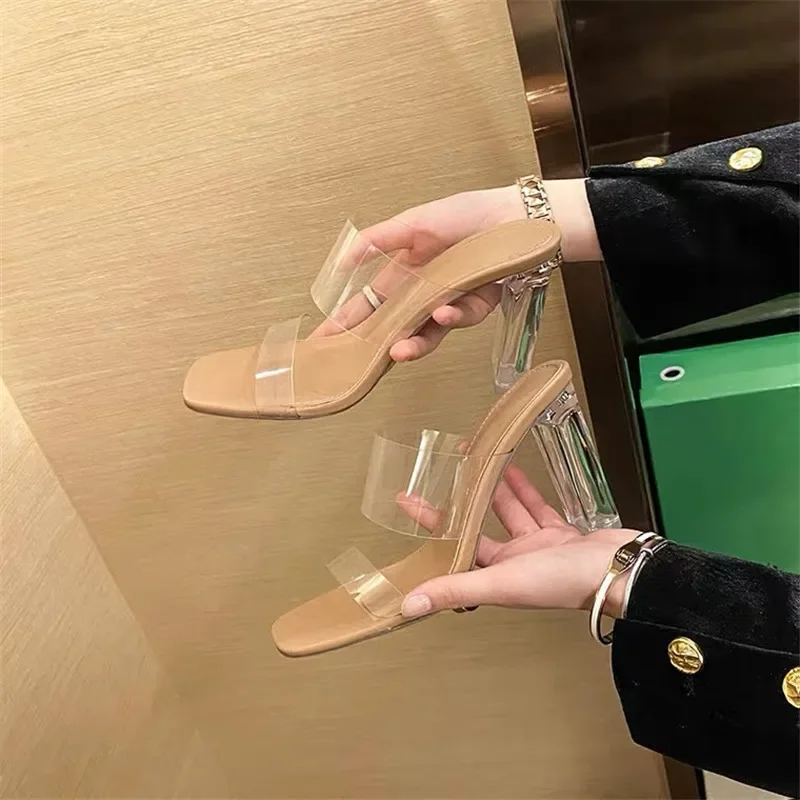 Summer Women Pumps 9cm Sexy Sandals Jelly Slippers Open Square Toe High Heels Women Transparent Slippers Shoe Heel Clear Sandals