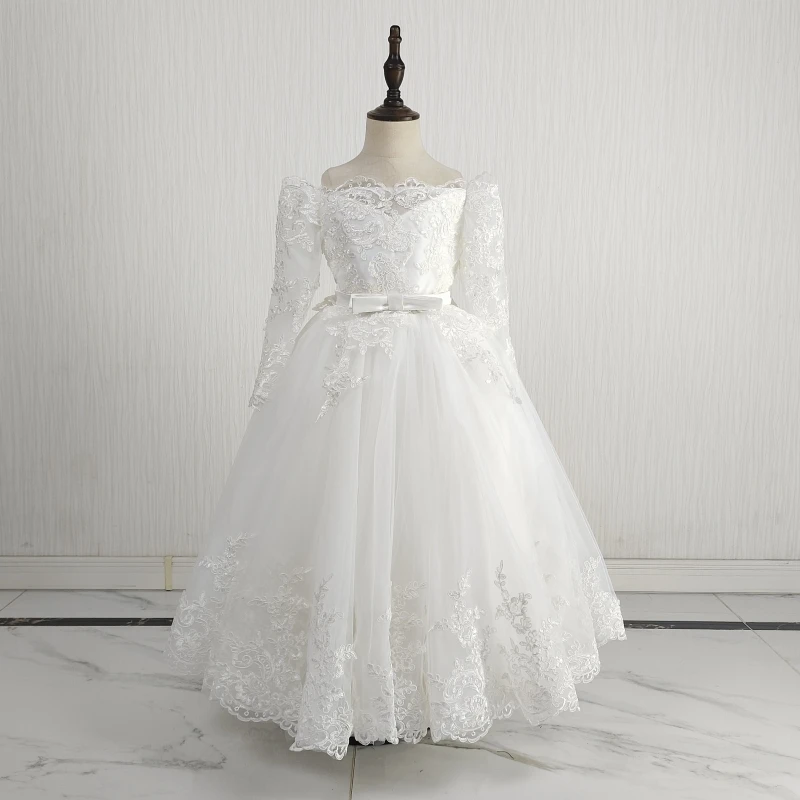 

Real Photo Customized White Flower Girl Dresses Appliques Off the Shoulder Full Sleeve Zipper Back A-line Floor Length Kids Gown