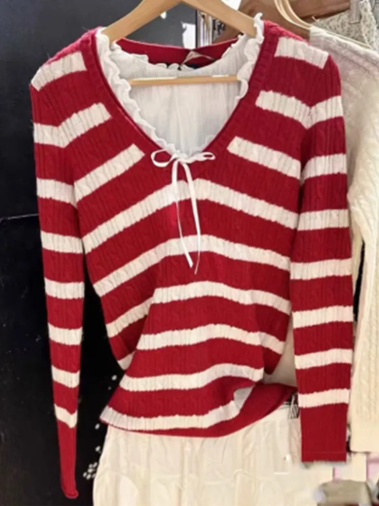 Casual Women Red Striped Knit Sweaters 2023 Fall Retro V Neck Long Sleeves Pullovers Female Loose Knitwears