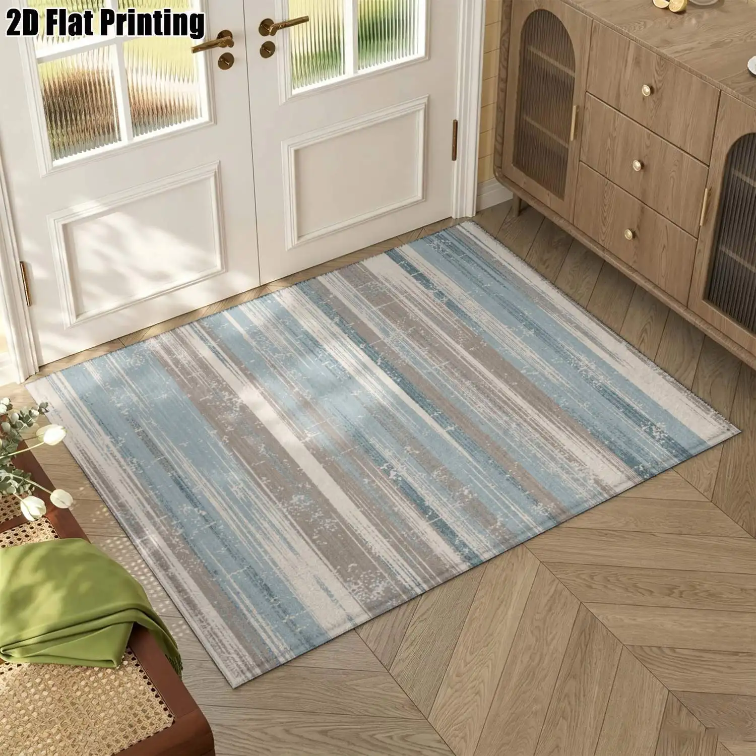 1Pc 2D Printed Blue-Grey Geometric Striped Nordic/Instagram Modern Minimalist Carpet, Multi-Size Machine Washable Floor Mat for Entrance, Dining, Foyer, Living Room, Bedroom Home Decor