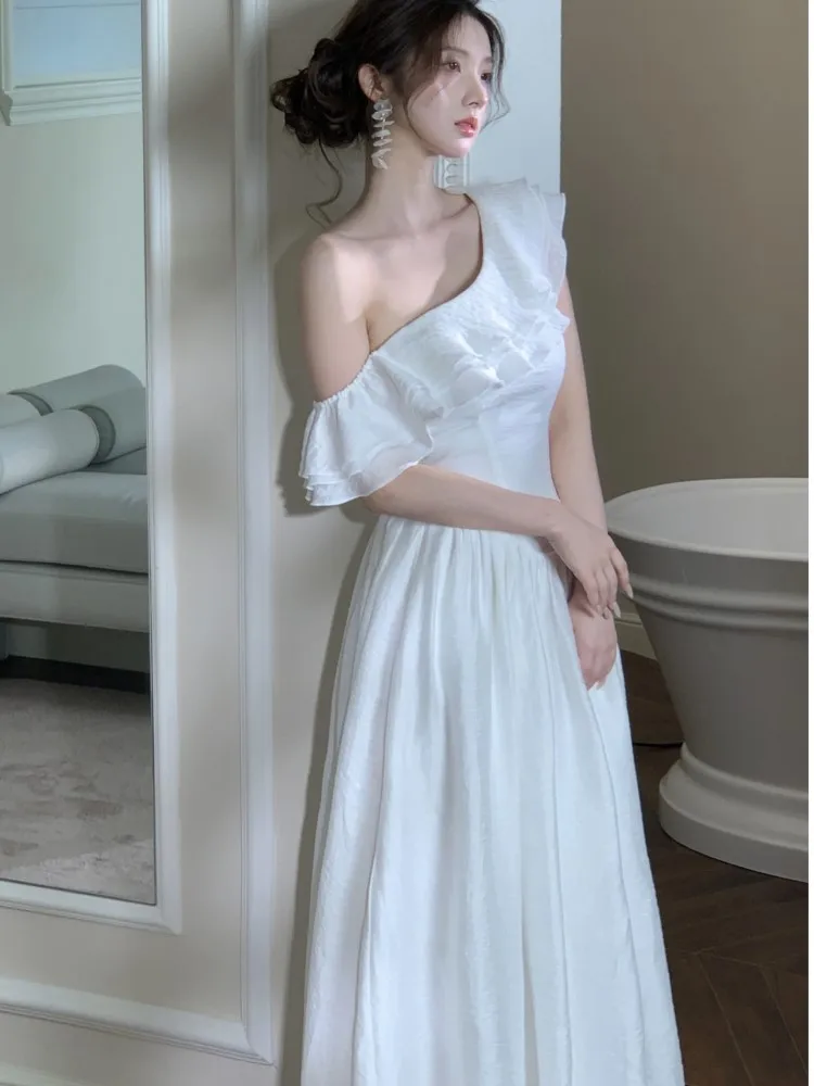 妖精エレガントなフリルパーティードレス女性無地 A ライン誕生日傾斜肩イブニング韓国ウエディングドレスホリデー女性ローブ