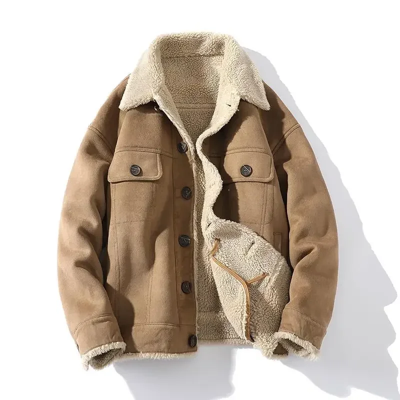 

2023 Winter New Men's Leather Plush Jacket Coat Youth Solid Color Workwear Single Breasted Flip Collar Cotton Shirt