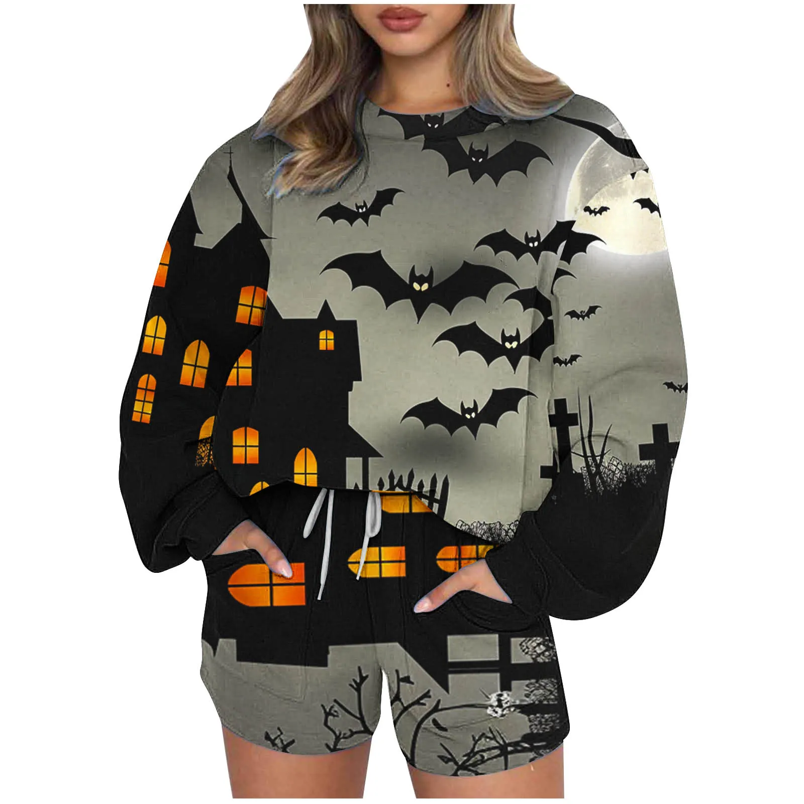 Moda Bluza z długim rękawem Spodenki Halloween Print Zestawy Kobieta Jesień i zima O-neck Sportowy sweter 2-częściowy zestaw dla kobiet