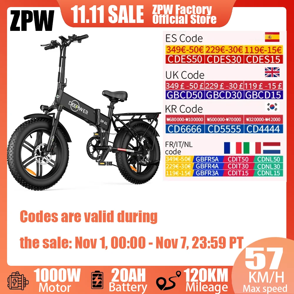 

ZPW A1 20 inch Ebike 1000W 48V 20AH Off-road Adult Electric Bike Folding Mountain Snow Fat Tire Electric Bicycle