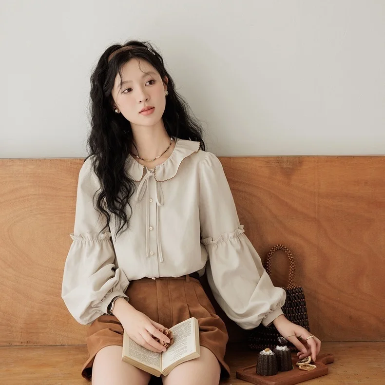

Long Sleeve Shirts Womens Striped Button Down Slim Fit Turn Collar Korean Feminine Romantic Youthful Preppy Spring Clothing