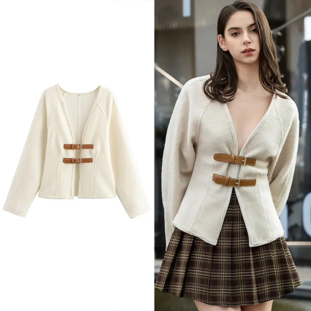 

TRAFZA Autumn Women Double Leather Button Jacket Long Sleeve V-neck Slim Coat Top Fashion 2025 Woman Elegant Office Lady Outwear