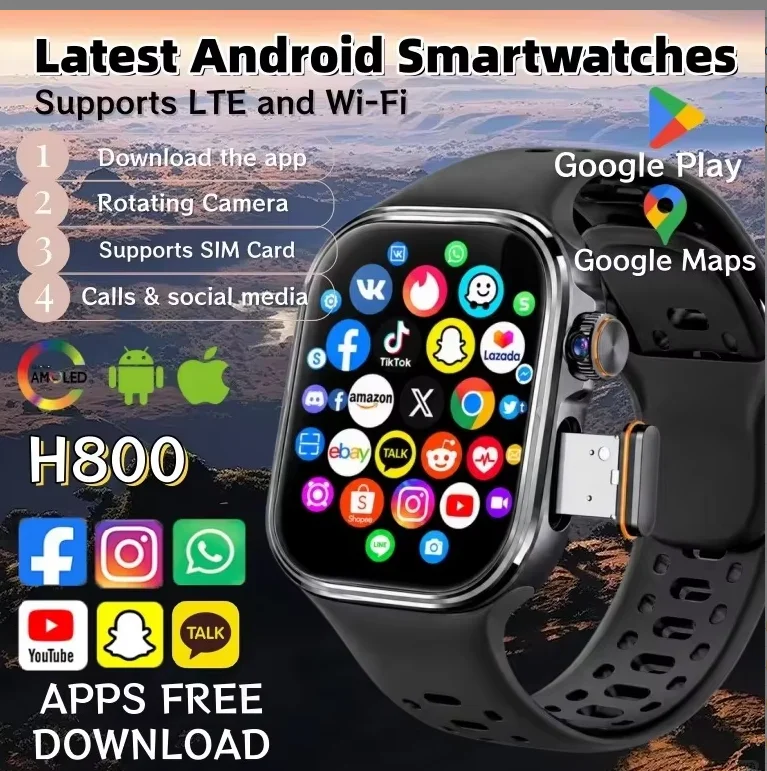 2026 H800 Android Smartwatch 5G SIM Worldwide Video Call 2.06 Inch AMOLED Screen GPS Heart Rate Monitor Waterproof Men Women