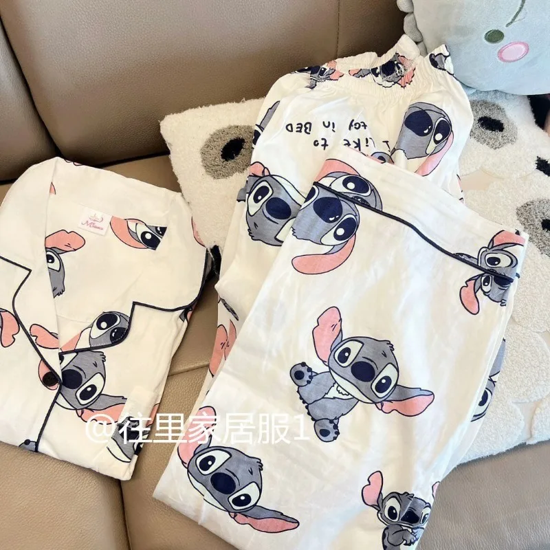 Anime Lilo & Stitch Cute Ins Loose Cardigan Long-sleeved Home Clothes Set Comfortable Pajamas for Boys and Girls Couples