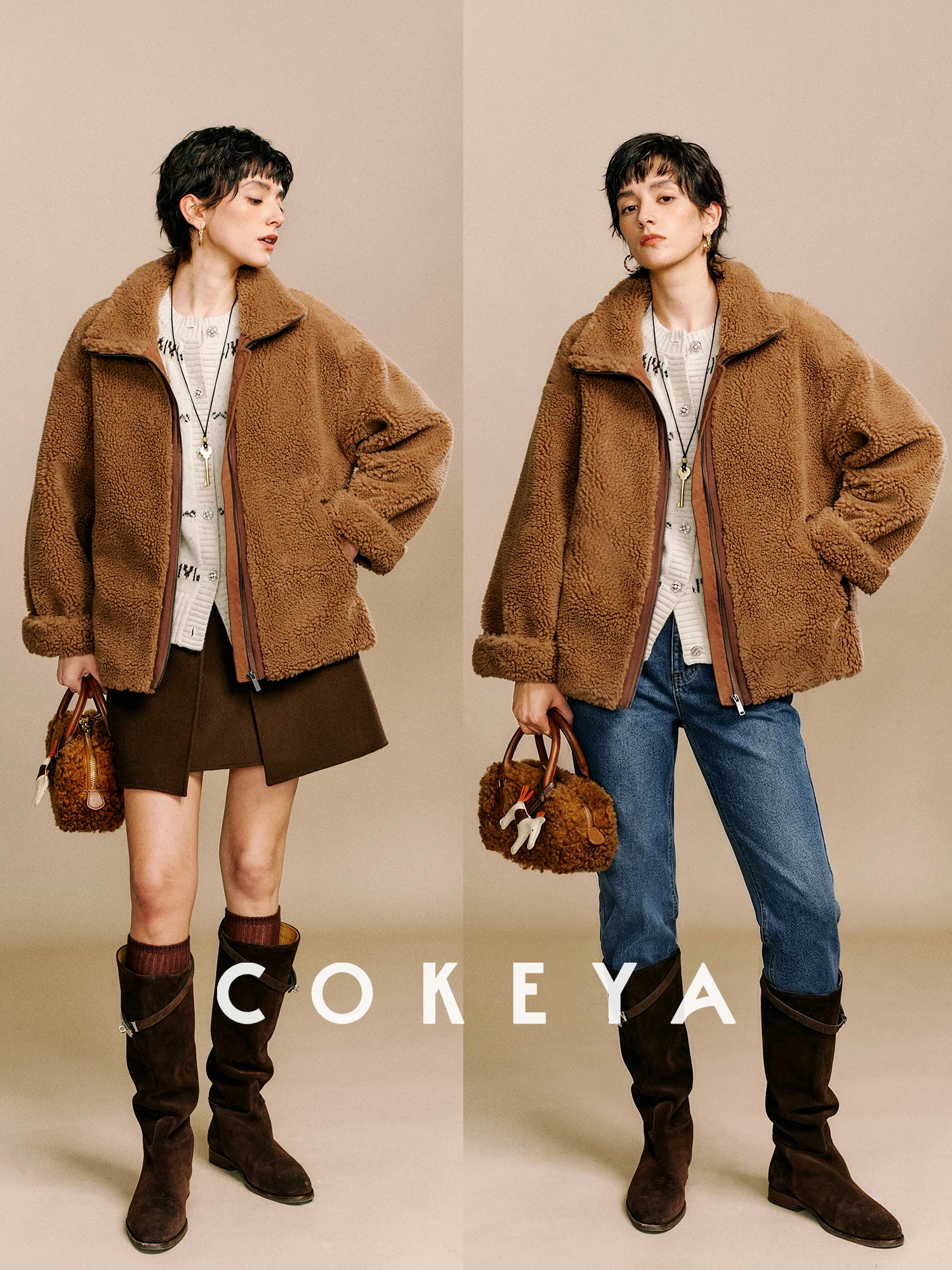 CA Brown Bear Camel Fur earling Zipper Long Sve Stand Collar Cappotto invernale da donna in pelle casual di media lunghezza