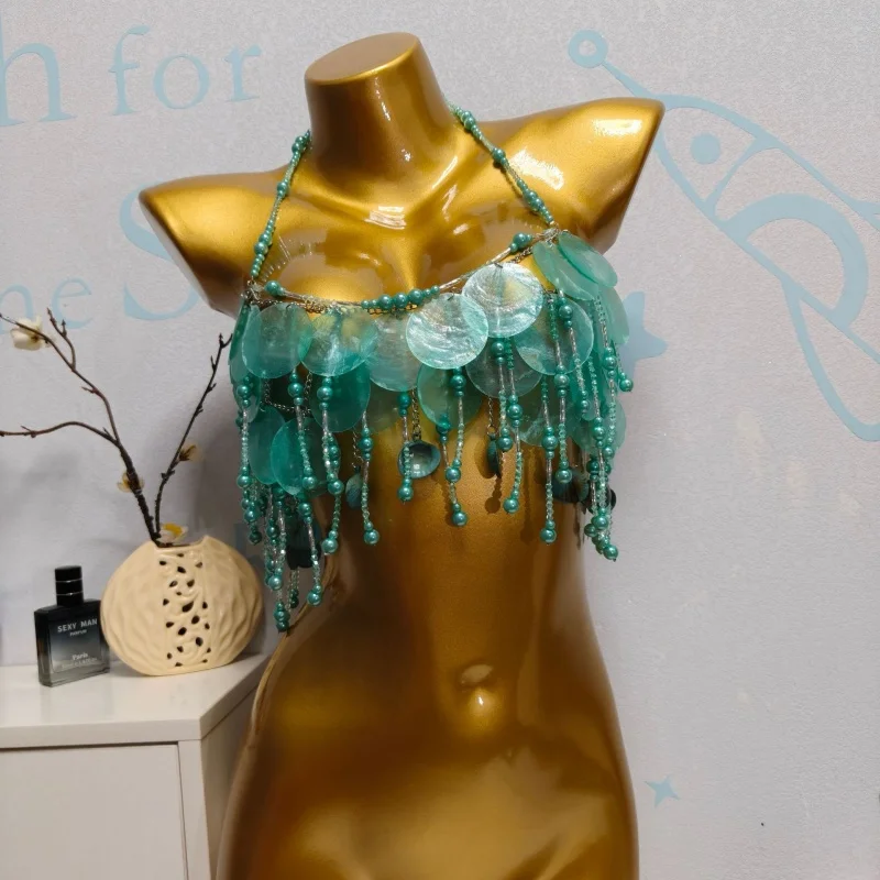 Damen Boho Muschel-Scheiben Neckholder-Körperkette Top mit Perlen und Quasten, Körpergeschirr, Crop-Top, Körperschmuck für Strand, Festival, Rave-Party, Kostüm-Tanktop – Detail 6
