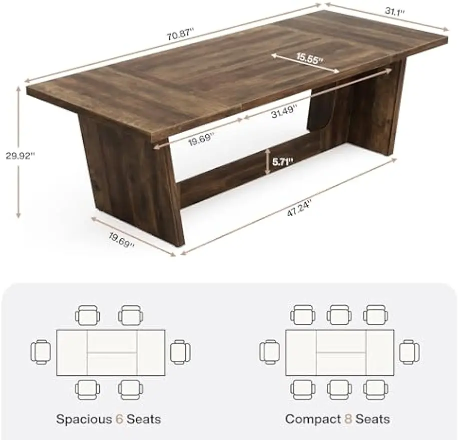 70.87-Inch Dining Room Table: Wood Large Dining Table for 6-8 People, Rectangular Farmhouse Kitchen Table with Solid Pedestal, R