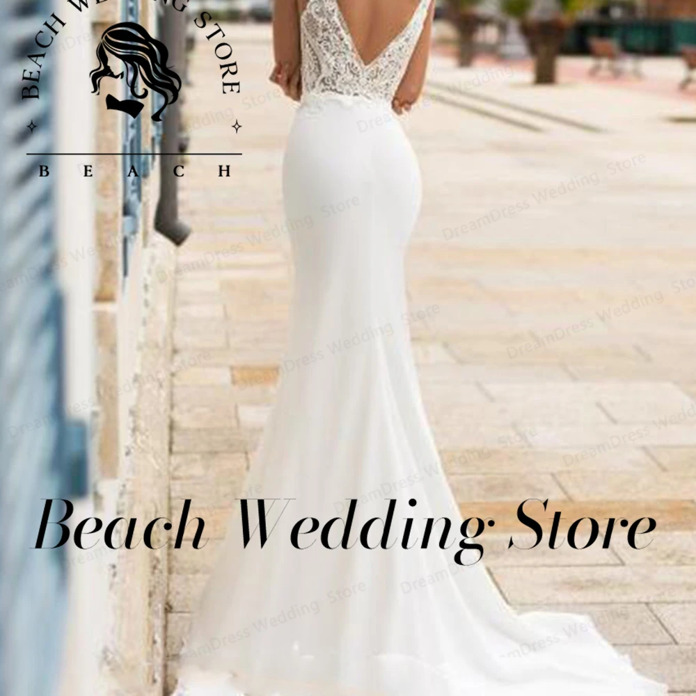 Vestido De novia De sirena personalizado para playa, blanco, con cuello en V, sin mangas, Apliques De encaje, vestido De novia sin espalda