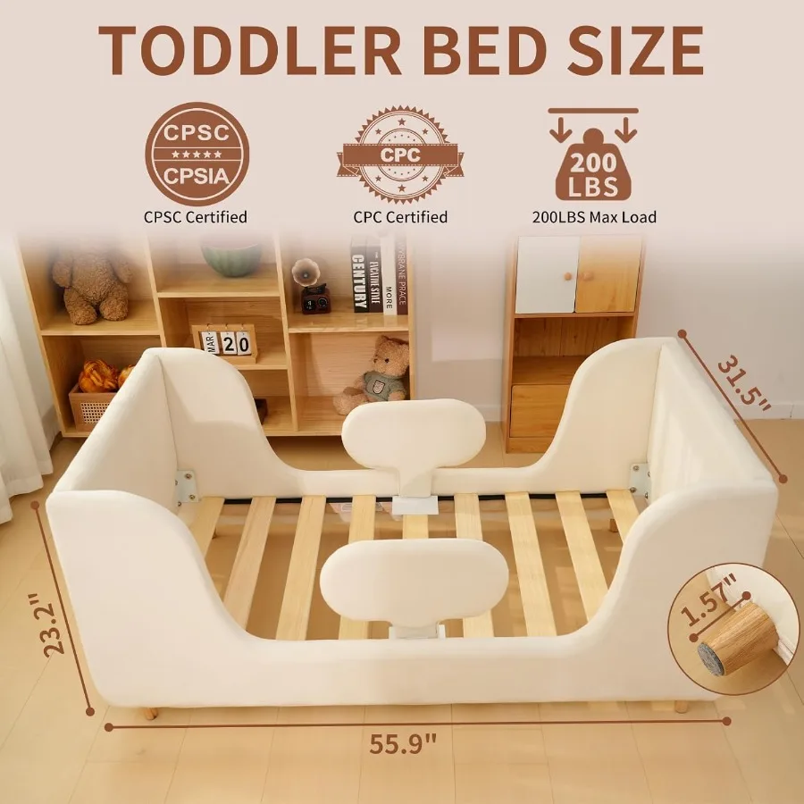 Toddler Bed - Floor Bed Frame with Removable Guard Rails for Ages 2-7 Standard Crib Size Wooden Design Natural Finish Sa