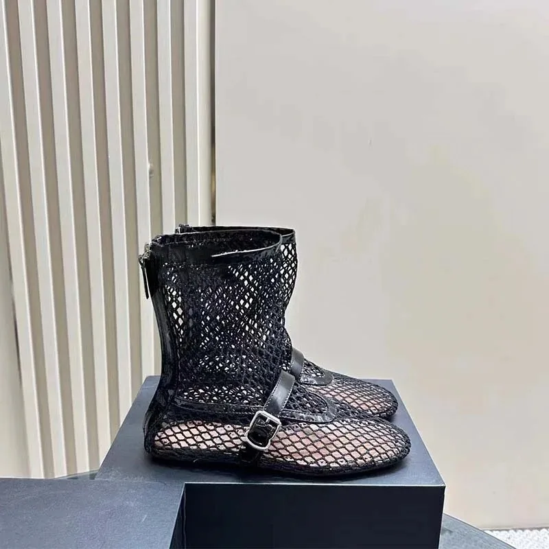 2024 Summer New Mesh Hollow Women\'s Flat Bottom Short Boots Fashion Round Head Back Zipper Sexy Large Women\'s Boots
