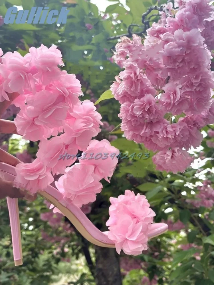 

Snake Strap Blossom Sandals For Women Pink Open Toe Ring Slip On High Heel Red Flower Pull On Yellow New Solid Dress Fairy Shoes