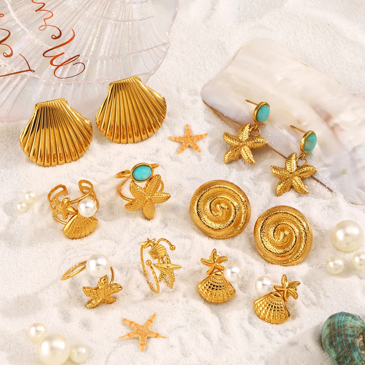 

Ocean Series Starfish Conch Scallop Studs Pearl Adjustable Open Rings 18K Gold Plated Seashells Shell Drop Earring Party Gifts